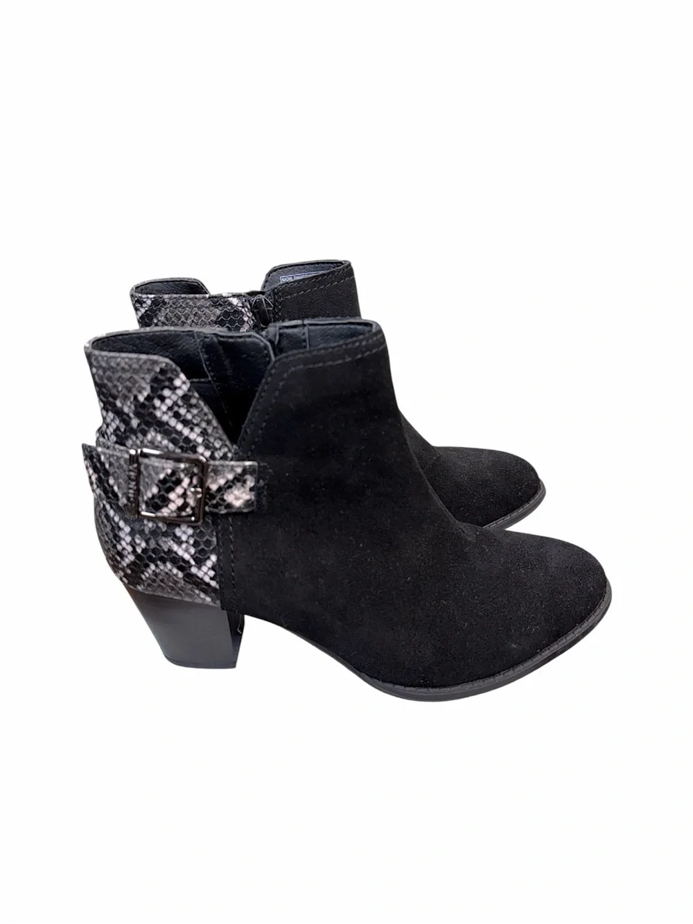 Vionic Naomi Snake Print Suede Ankle Booties Black Gray Buckle Comfort Heel 7